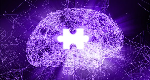 Human brain and jigsaw for Alzheimer's disease in the form of artificial intelligence for technology concept, 3d illustration